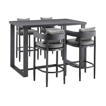 Armen Living Argiope Outdoor Patio 5-Piece Bar Table Set in Aluminum with Gray Cushions 840254333178